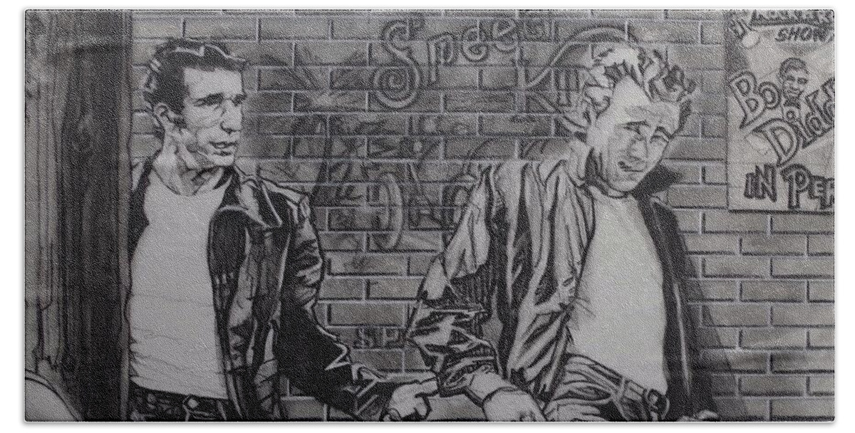 Charcoal Pencil On Paper Hand Towel featuring the drawing James Dean Meets The Fonz by Sean Connolly