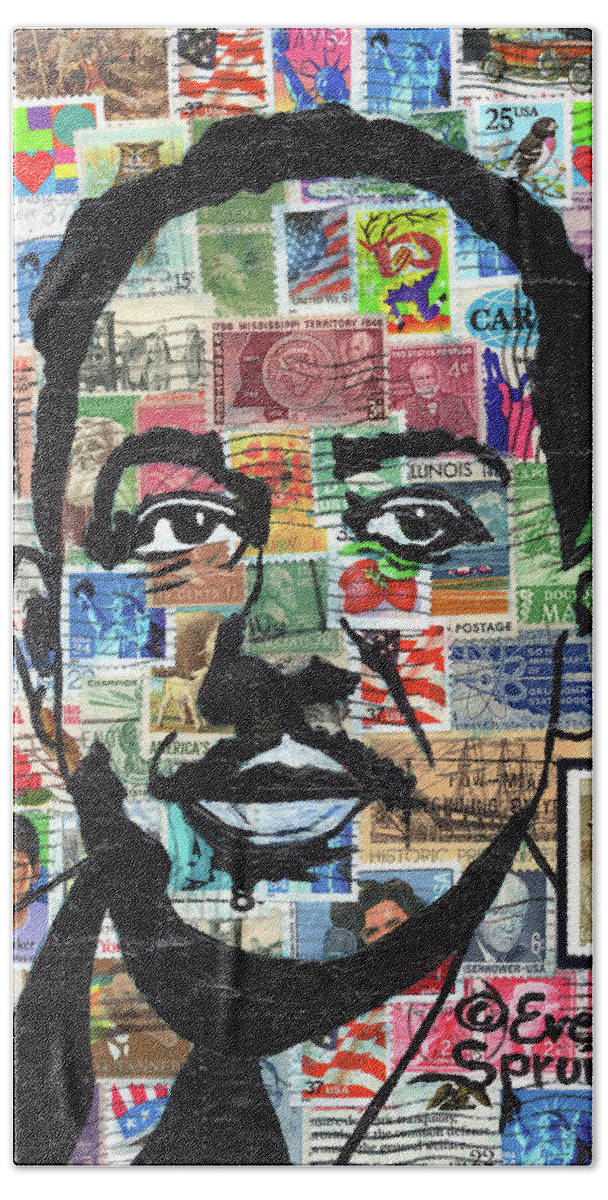 African Mask Bath Towel featuring the mixed media James Mercer Langston Hughes by Everett Spruill