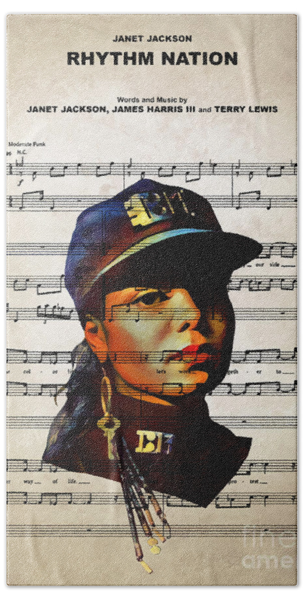 Janet Jackson Bath Towel featuring the digital art Janet Jackson - Rhythm Nation by Bo Kev