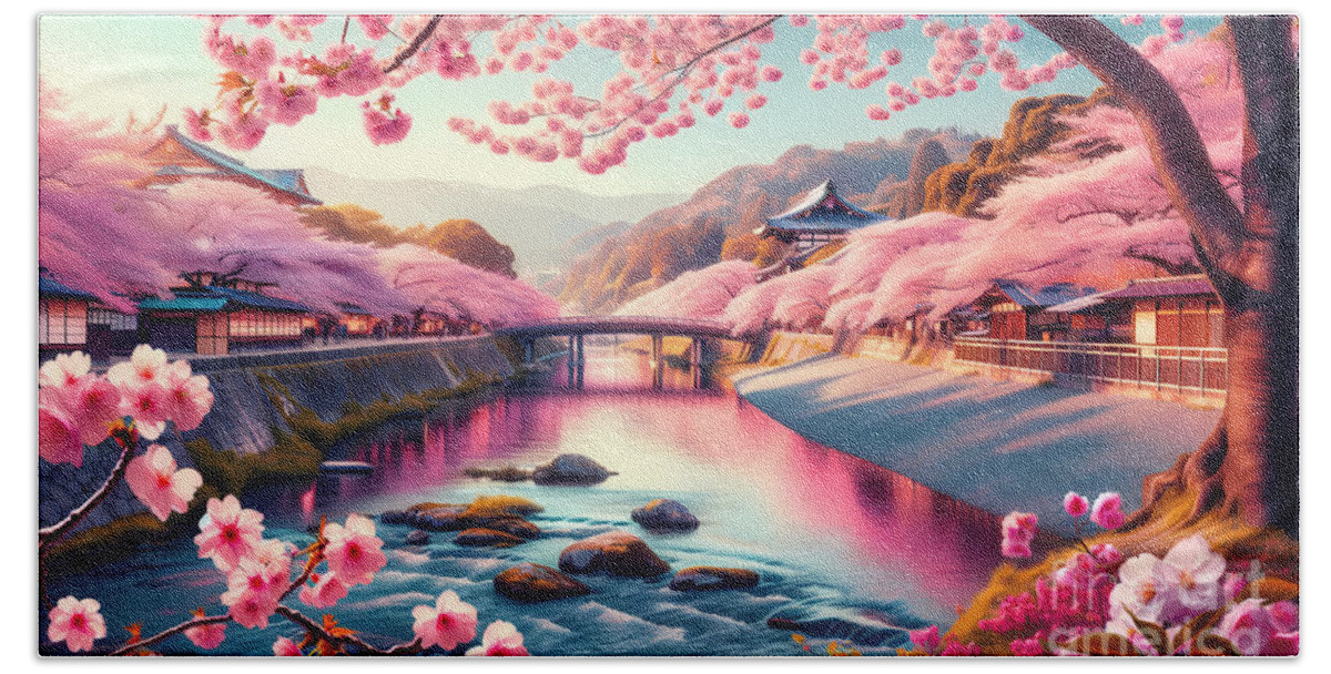 Cherry Hand Towel featuring the digital art Japanese Cherry Blossoms, A serene scene of cherry blossoms along a river in Kyoto by Jeff Creation