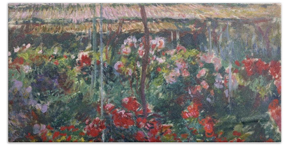 Garden Hand Towel featuring the painting Peony Garden #6 by Claude Monet