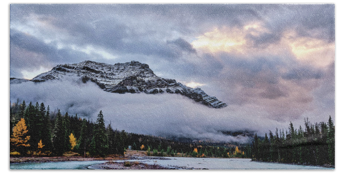 Cloud Bath Towel featuring the photograph Jasper Mountain In The Clouds by Carl Marceau