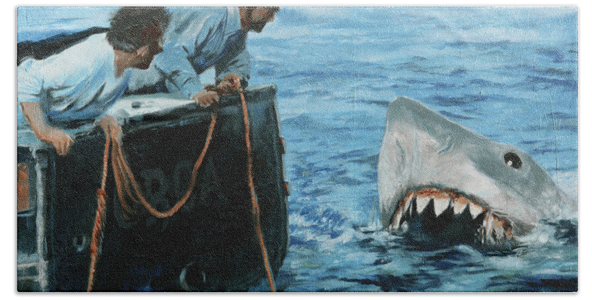 Jaws Hand Towel featuring the painting Jaws tribute - A bigger boat by Sv Bell