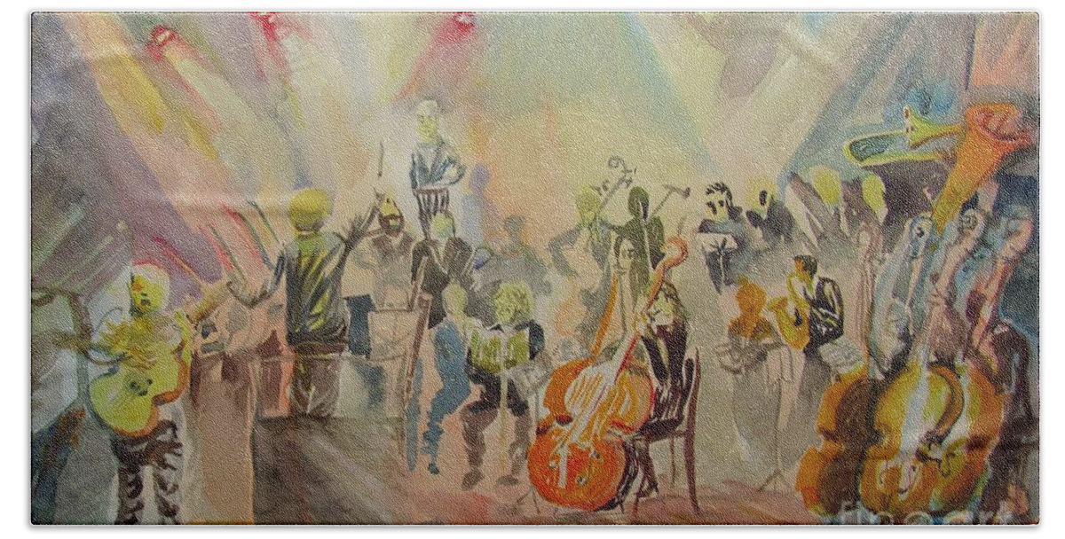 Jazz Symphonic Orchestra Bath Towel featuring the painting Jazz Symphonic Orchestra by James McCormack