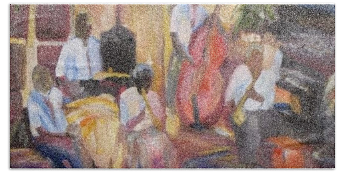 New Orleans Jazz Bath Towel featuring the painting Jazzin by Julie TuckerDemps