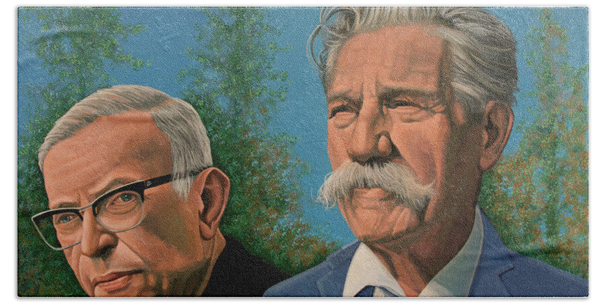 Jean Paul Sartre Hand Towel featuring the painting Jean-Paul Sartre and Albert Schweitzer Painting by Paul Meijering