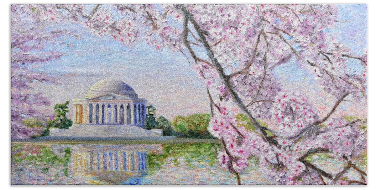 Jefferson Memorial Bath Towel featuring the painting Jefferson Memorial Cherry Blossoms by Patty Kay Hall