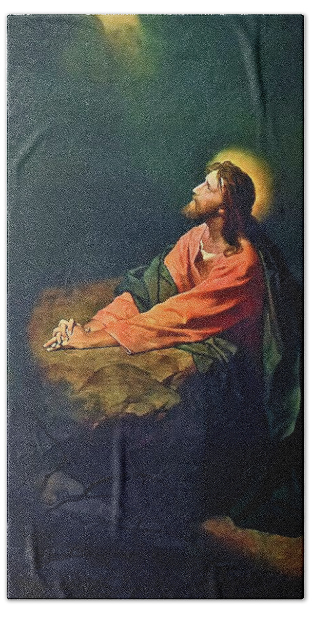 Jesus Hand Towel featuring the mixed media Jesus in Gethsemane The Agony in the Garden by Heinrich Hofmann