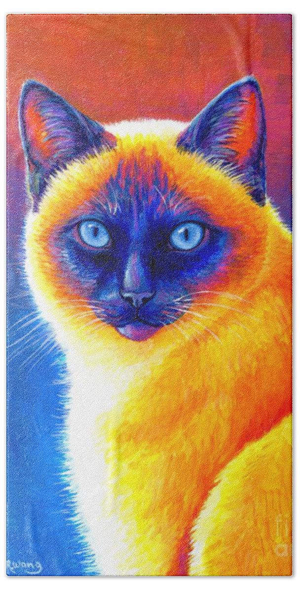 Siamese Cat Hand Towel featuring the painting Jewel of the Orient - Colorful Siamese Cat by Rebecca Wang