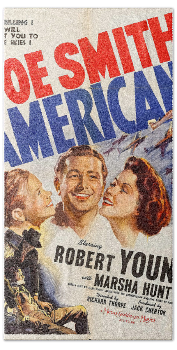 Joe Bath Towel featuring the mixed media ''Joe Smith, American'', with Robert Young, 1942 by Movie World Posters