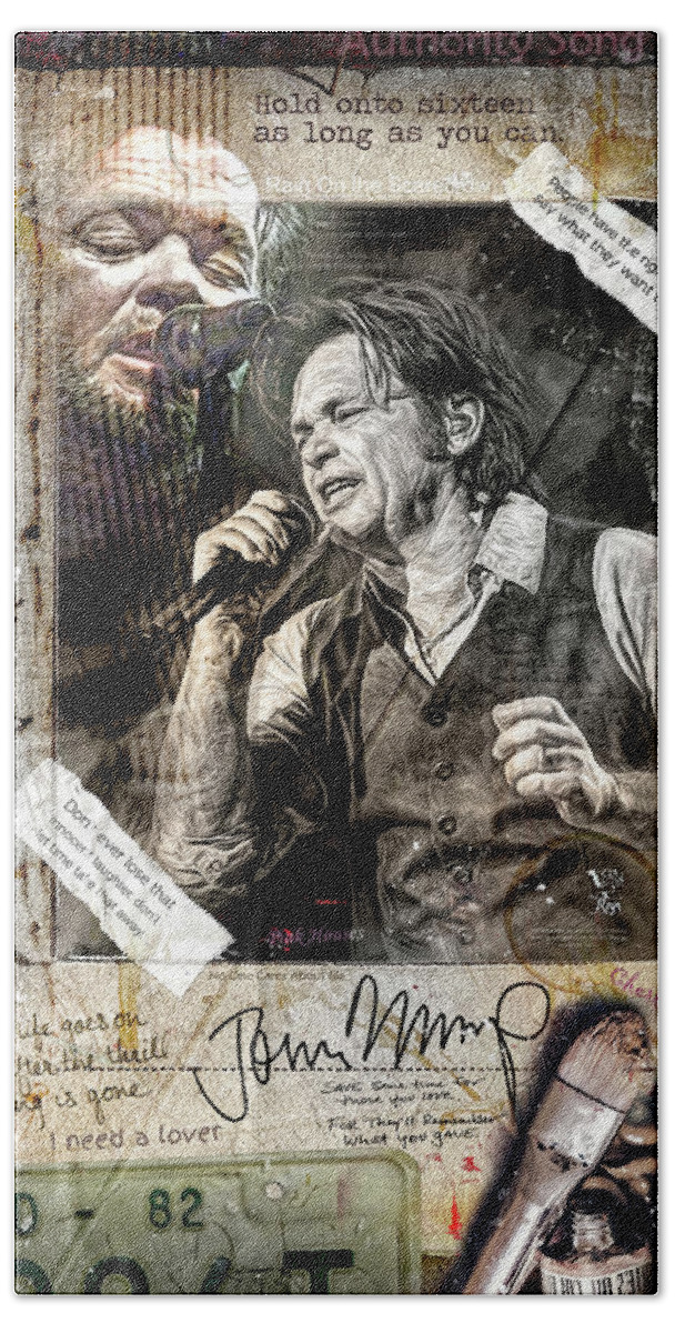 John Mellencamp Hand Towel featuring the mixed media John Mellencamp Collage by Mal Bray