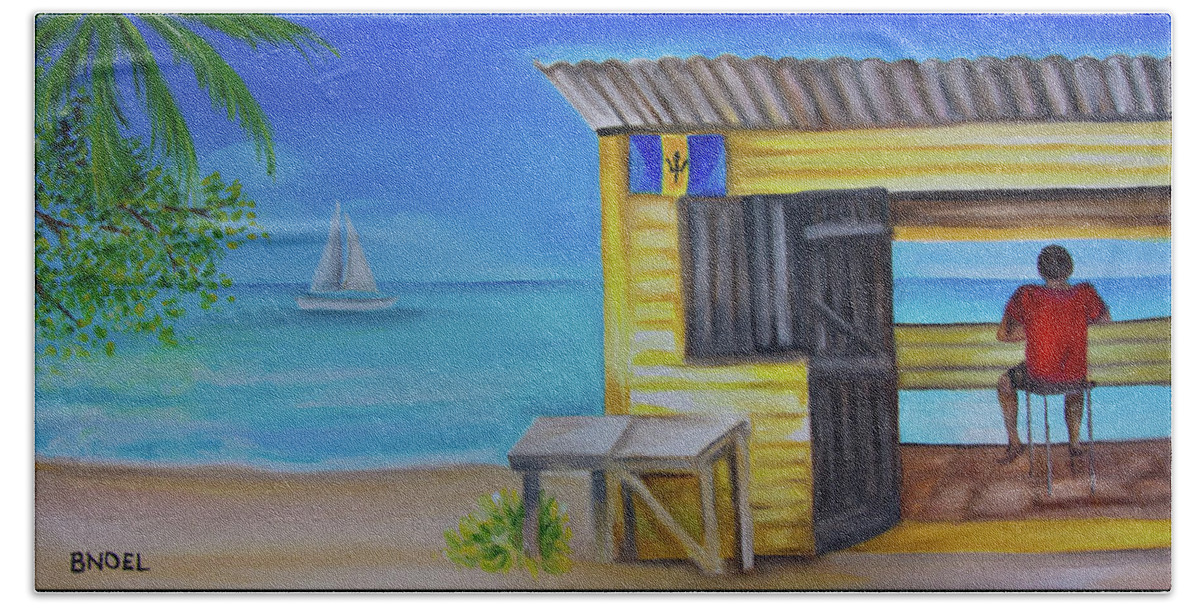 Beach Bar Hand Towel featuring the painting John Moore Barbados Beach Bar by Barbara Noel