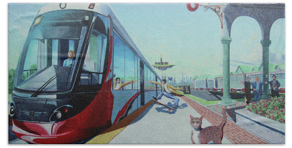 Train Hand Towel featuring the painting Johnny on the Monorail by Michael Goguen