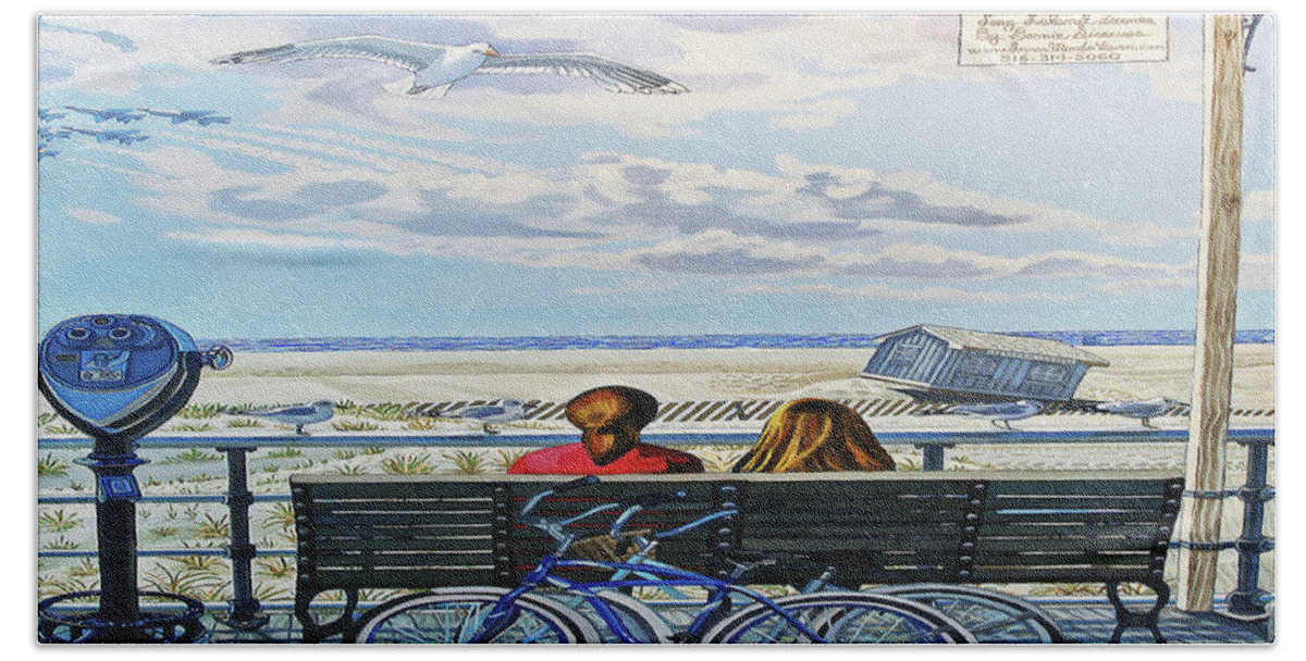  Hand Towel featuring the painting Jones Beach Boardwalk Tote Bag Version by Bonnie Siracusa