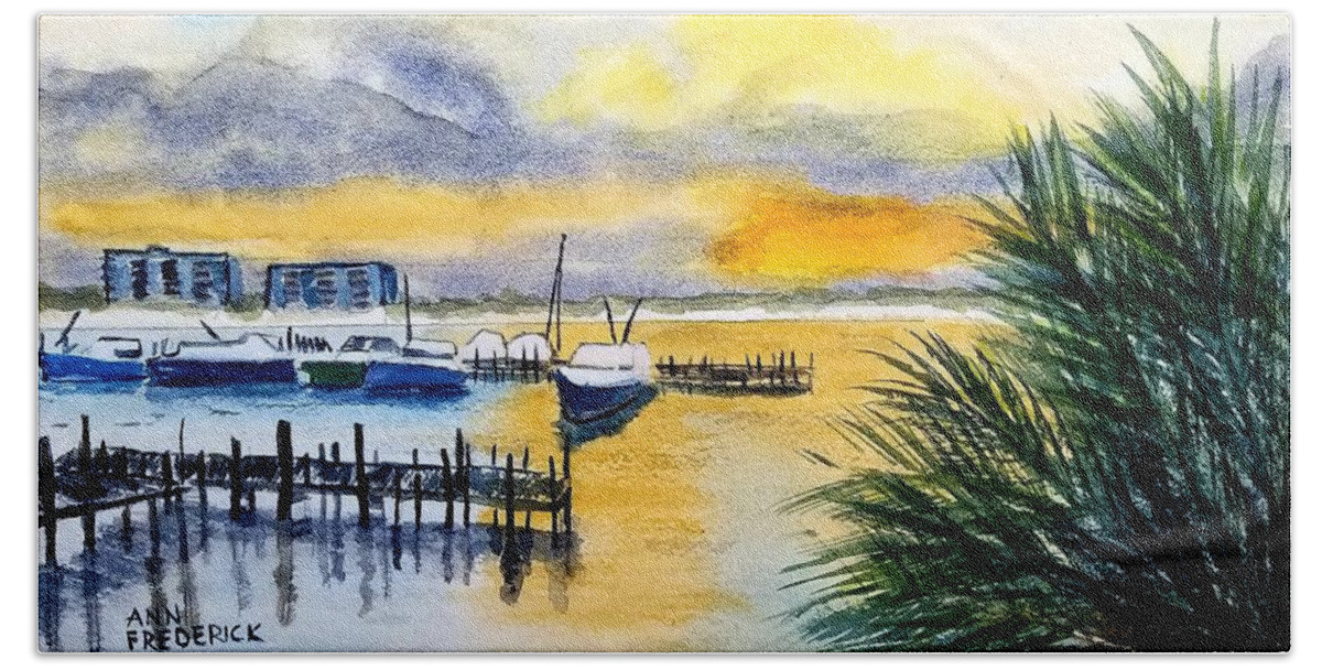 Sunset Hand Towel featuring the painting Jo's Marina by Ann Frederick