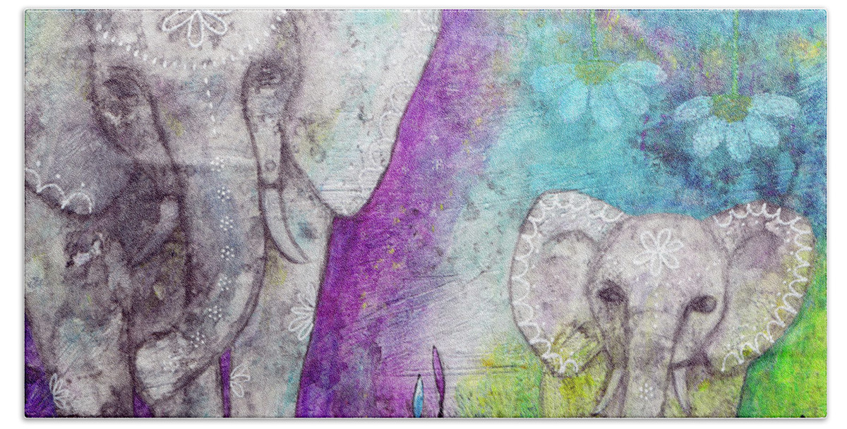 Elephants Hand Towel featuring the painting Josephine and Lily by Winona's Sunshyne