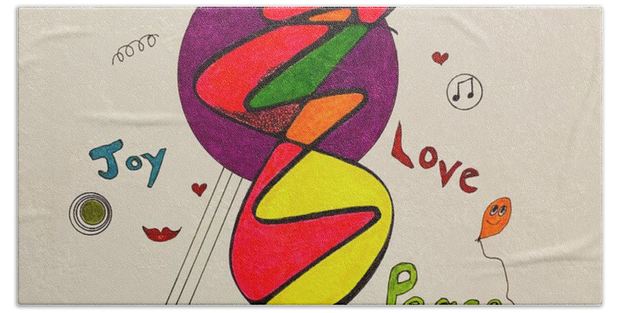  Bath Towel featuring the mixed media Joy Love Peace 1114 by Lew Hagood