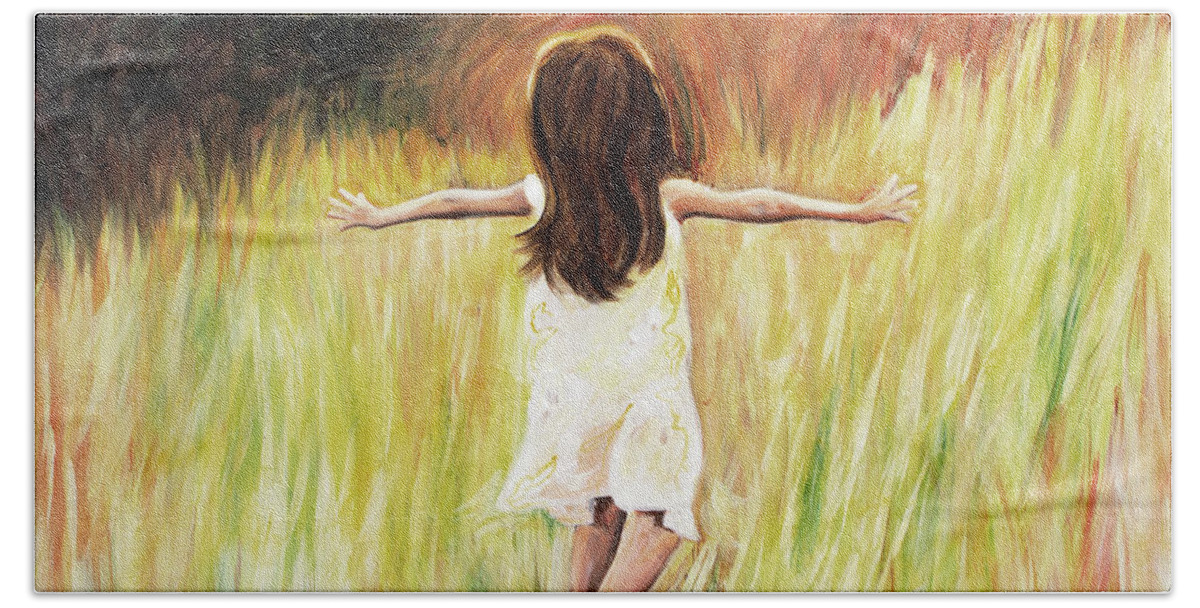 Joy Girl Running Field Sunshine Happy Joyful Peaceful Daughter Free Bath Towel featuring the painting Joy by Pamela Schwartz