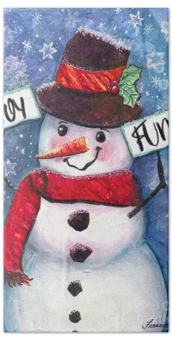 Snowman Hand Towel featuring the mixed media Joyful and Fun Snowman by Francine Dufour Jones