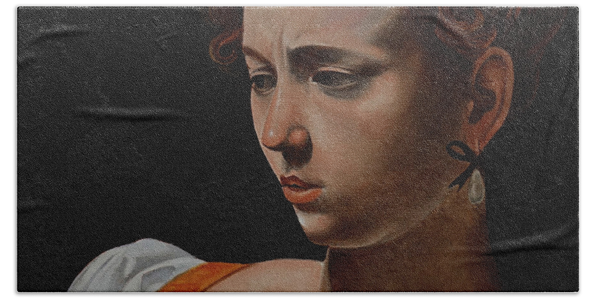 Caravaggio Bath Towel featuring the painting Judith Beheading Halofernes by Gordon Palmer