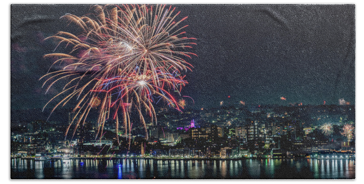  Bath Towel featuring the photograph July 4th fireworks along the Yonkers waterfront - 2 by Kevin Suttlehan