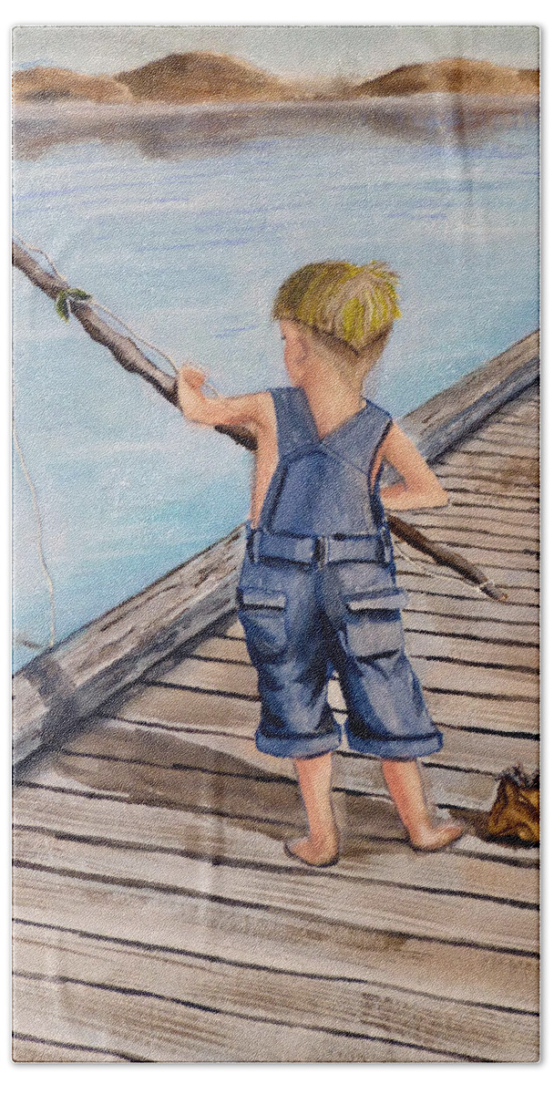 Fishing Bath Towel featuring the painting Juniors Fishing Pole by Kelly Mills