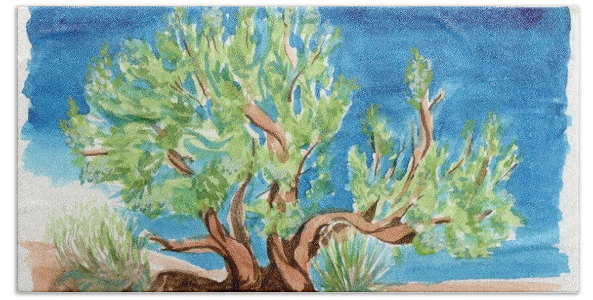 Juniper Tree Bath Towel featuring the painting Juniper with Berries by Tammy Nara