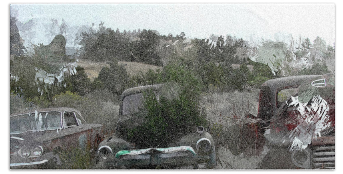 Junkyard Scene Bath Towel featuring the photograph Junked trucks 1214 by Cathy Anderson