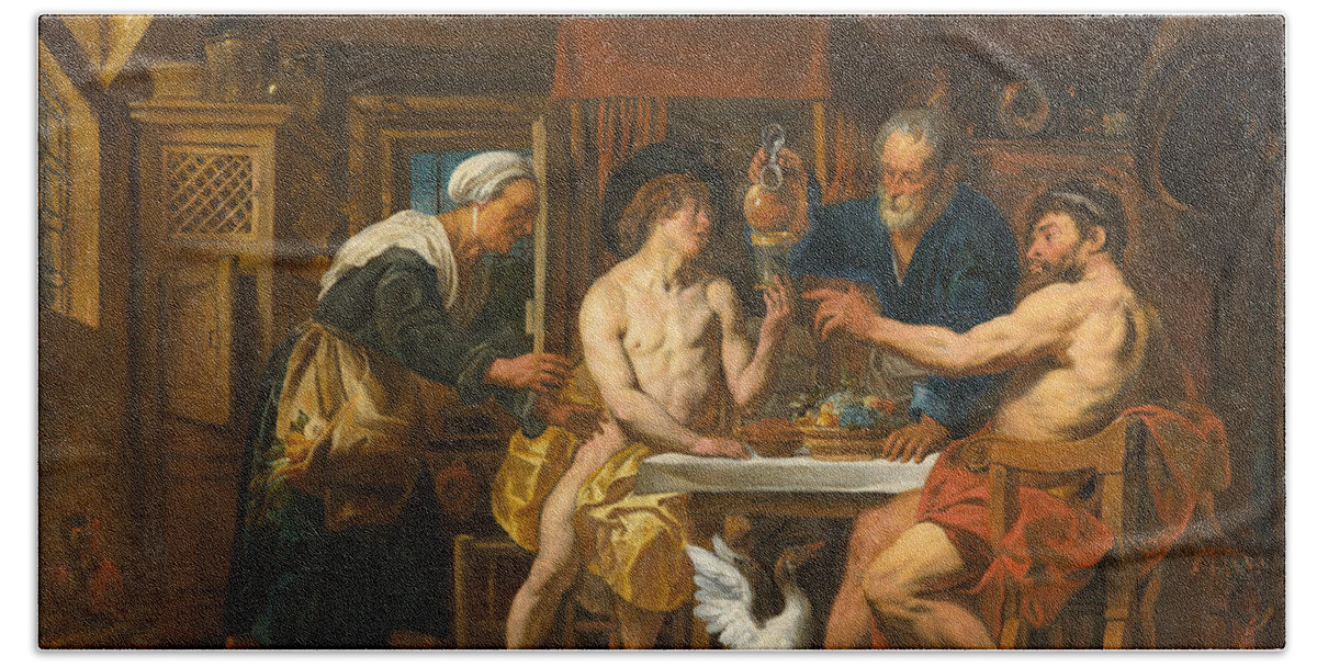 Jacob Jordaens Bath Towel featuring the painting Jupiter and Mercury in the House of Philemon and Baucis by Jacob Jordaens
