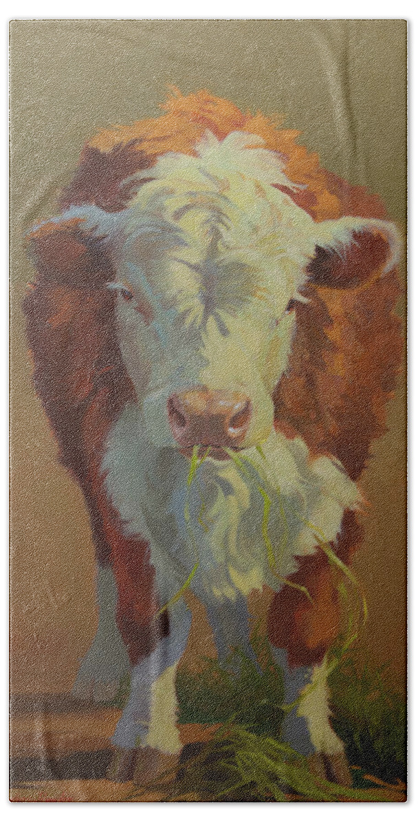 Farm Animals Bath Towel featuring the painting Just a Little Bull by Carolyne Hawley