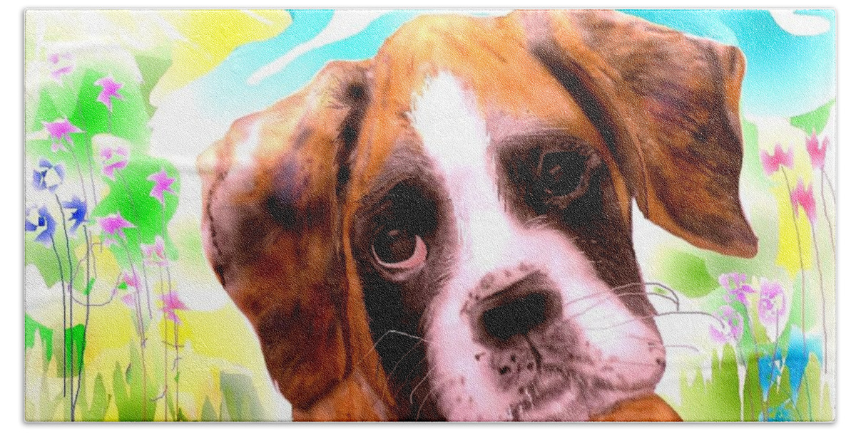 Pencil Sketched Boxer Puppy Resting After A Romp In The Meadow. Bath Towel featuring the mixed media Just another Blossom. by Pamela Calhoun