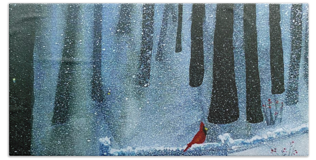 Winter Hand Towel featuring the painting Just Us Two Red Cardinals by Kellie Chasse
