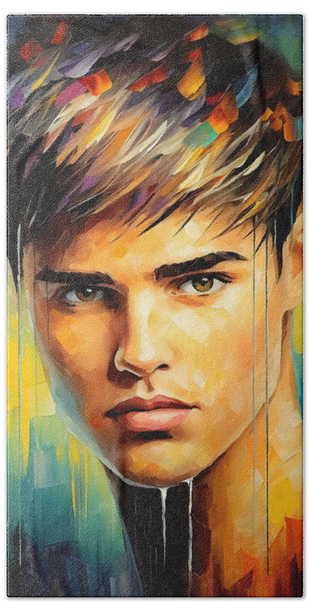 Justin Bieber Hand Towel featuring the painting Justin Bieber 5 by Mark Ashkenazi