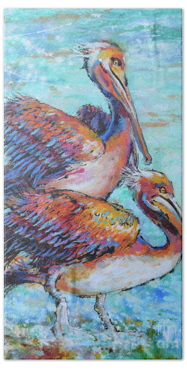 Juvenile Brown Pelican Bath Towel featuring the painting Juvenile Pelicans by Jyotika Shroff