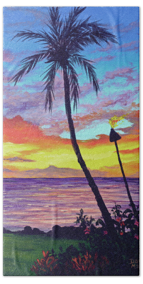 Sunset Hand Towel featuring the painting Kaanapali Tiki Torches by Darice Machel McGuire