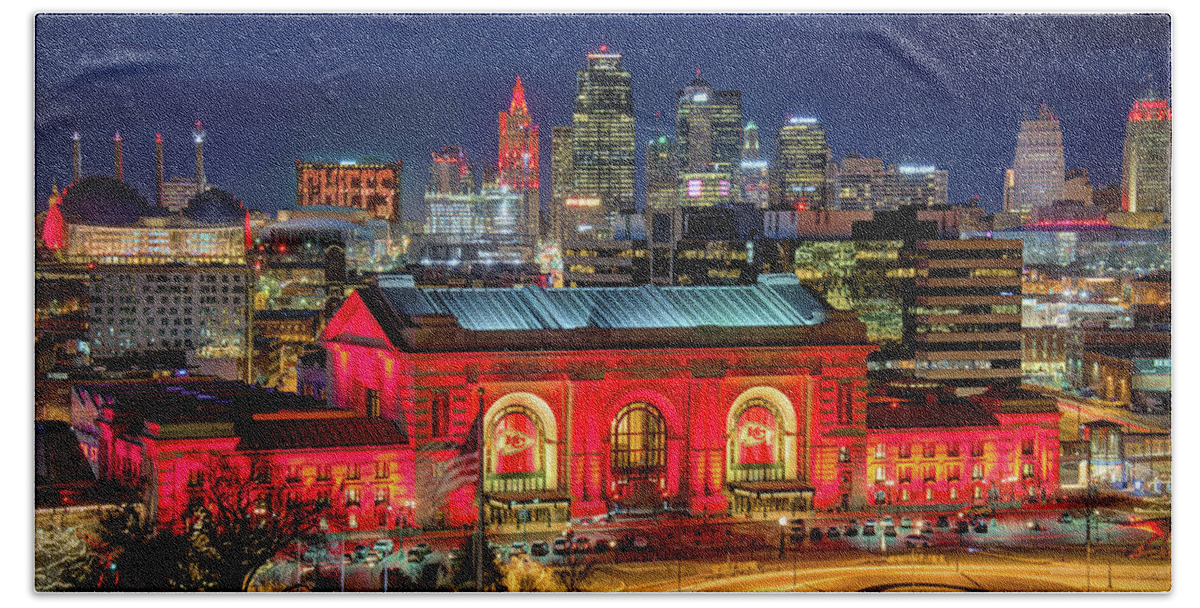 Super Bowl Bath Towel featuring the photograph Kansas City Skyline NIGHT KC Chiefs Union Station Red Panoramic by Jon Holiday
