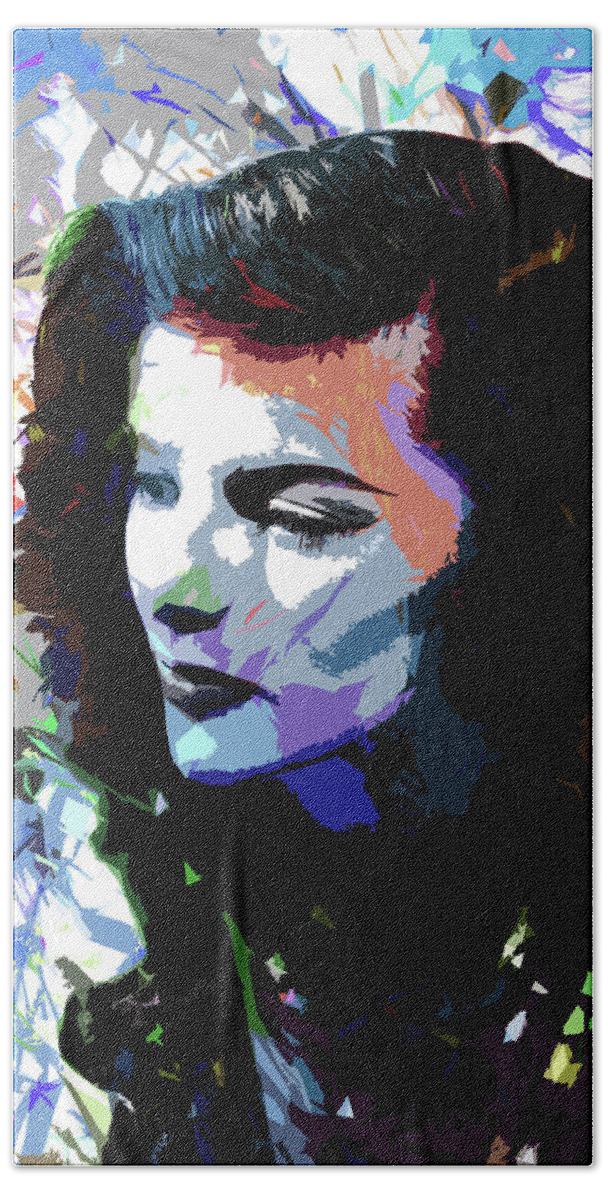 Katharine Hepburn Hand Towel featuring the digital art Katharine Hepburn psychedelic portrait by Movie World Posters