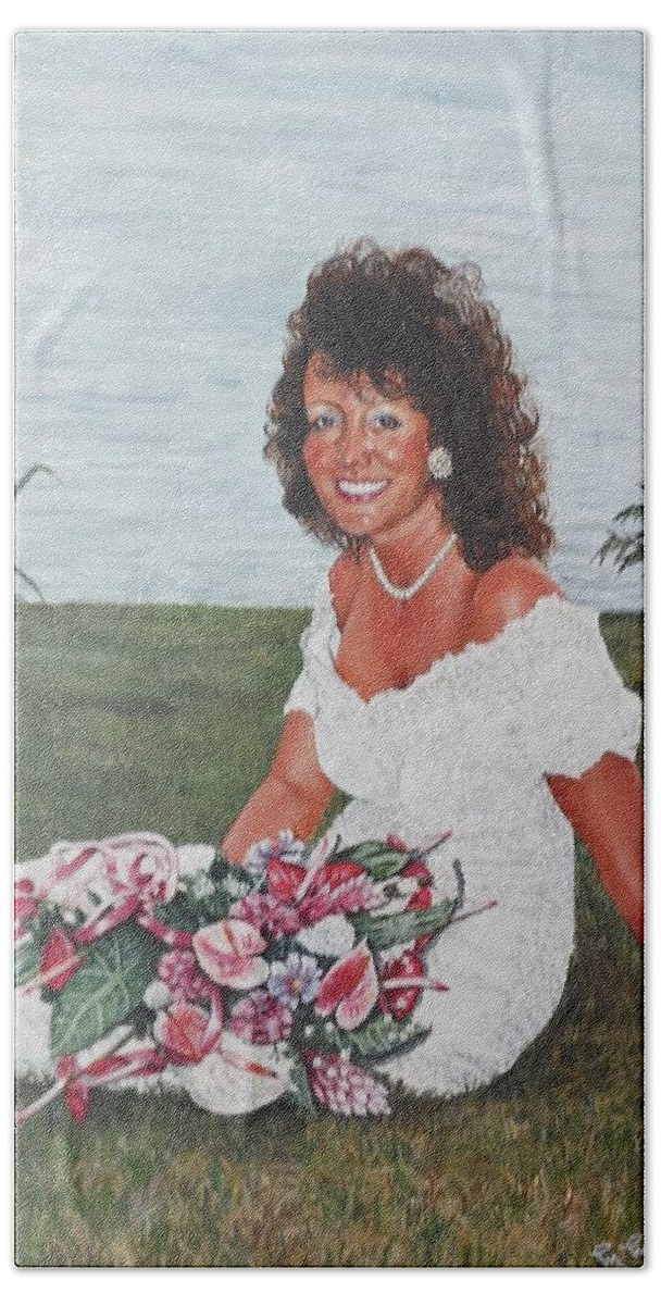 St Lucia Bath Towel featuring the painting Kay on her wedding day in St Lucia by Mackenzie Moulton