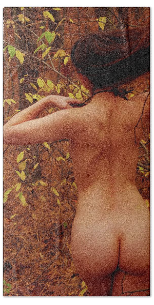 Nude Female Fall Forest Nymph Hand Towel featuring the photograph Kazn1101 by Henry Butz