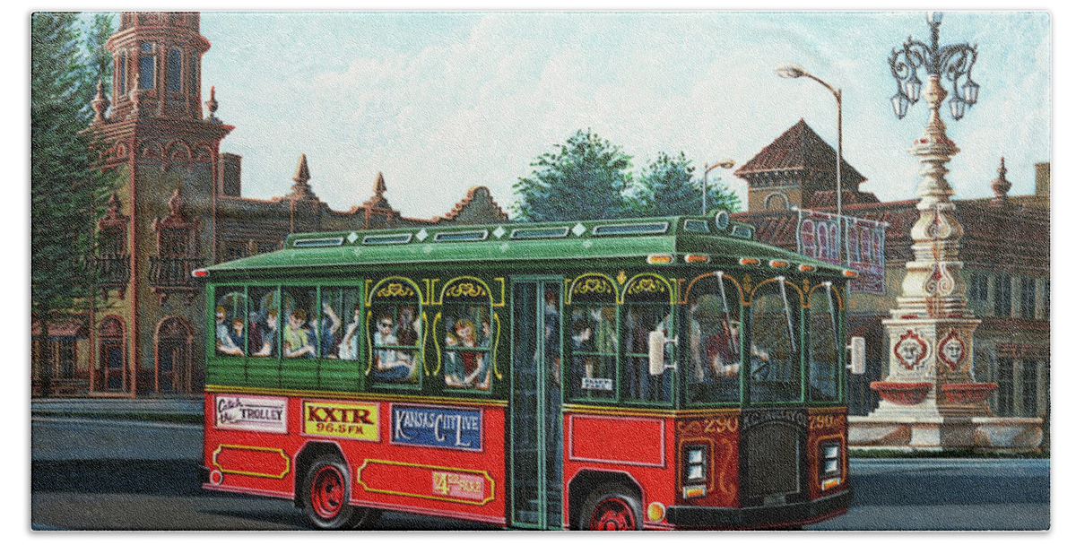 Architectural Landscape Bath Towel featuring the painting KC Trolley on The Plaza by George Lightfoot