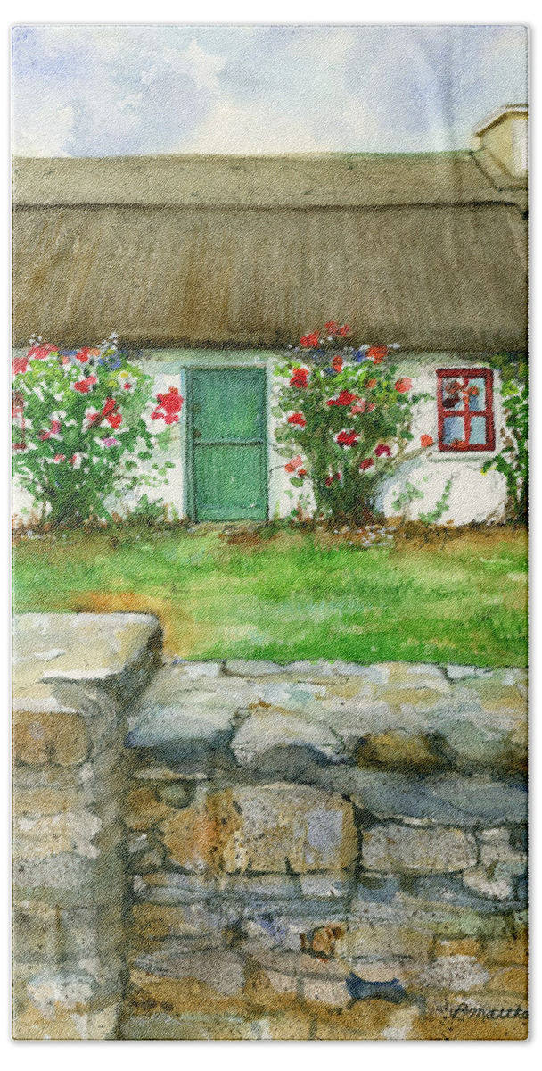 Irish Cottage Hand Towel featuring the painting Kerry cottage and stone wall by Rebecca Matthews
