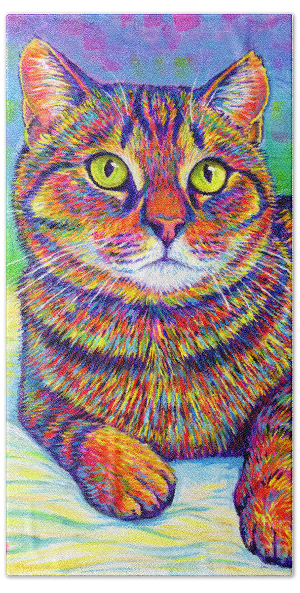 Brown Tabby Cat Hand Towel featuring the painting Kevin the Colorful Brown Tabby Cat by Rebecca Wang