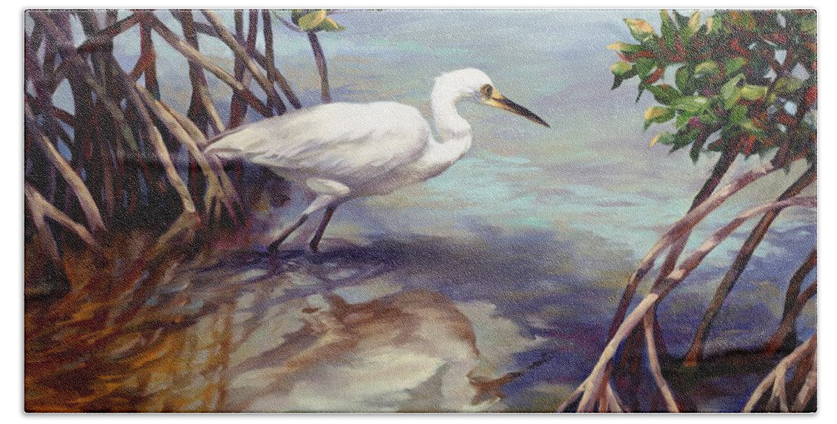 Heron Hand Towel featuring the painting Key West Breakfast by Laurie Snow Hein