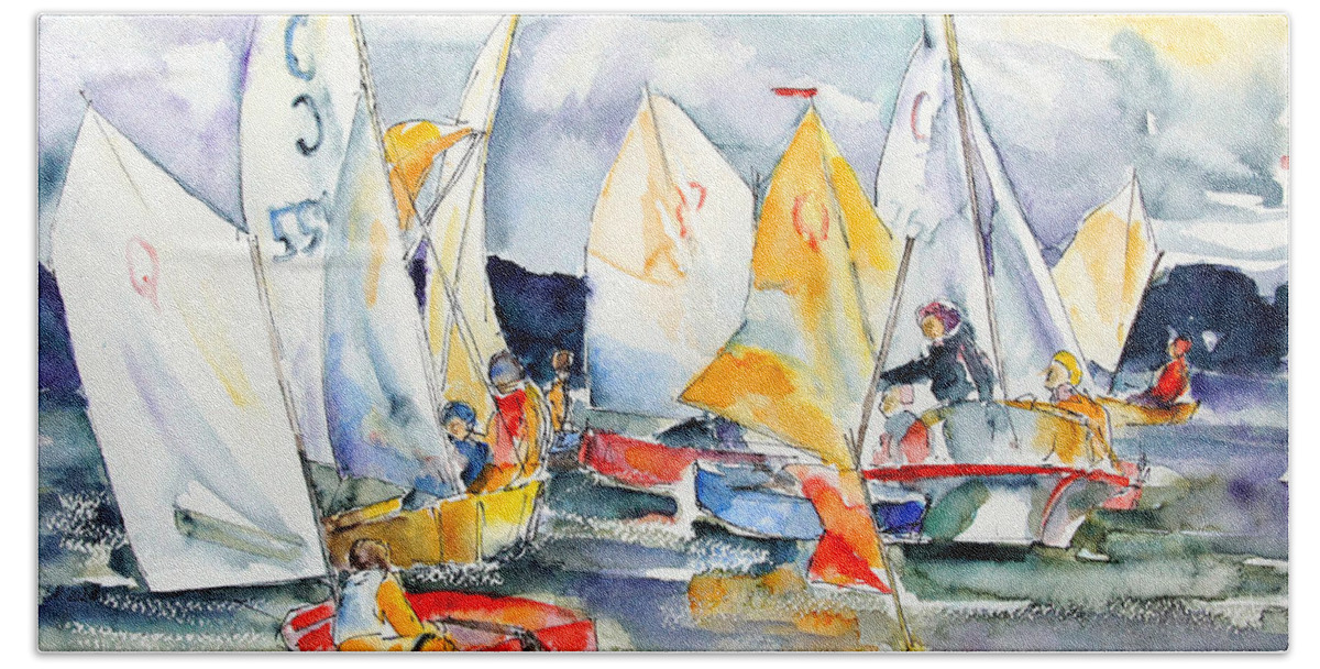 Optimist Hand Towel featuring the painting Kids Sail Training by Barbara Pommerenke