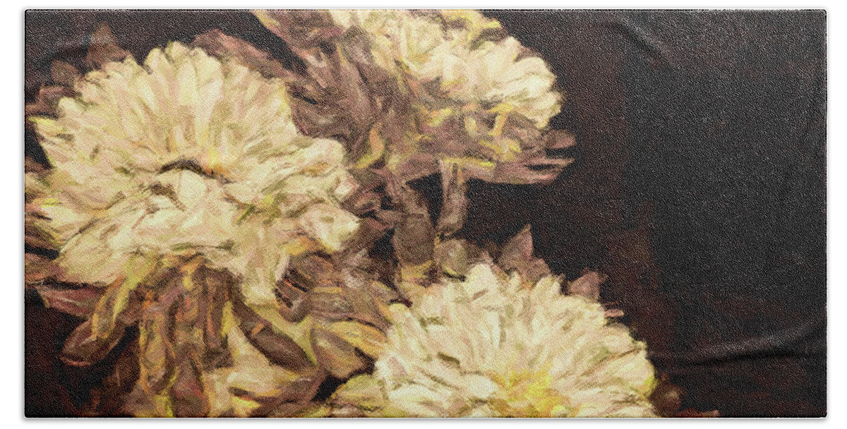 Impressionist White Chrysanthemum Oil Painting On Canvas Bath Sheet featuring the digital art Kimono Garden by Susan Maxwell Schmidt