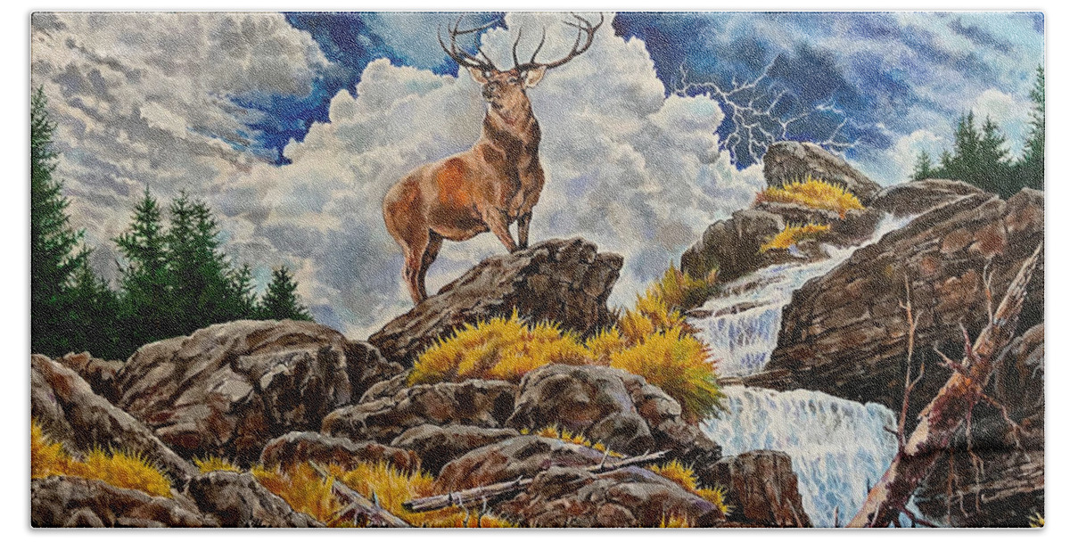 Deer Bath Towel featuring the digital art King of the Mountain by Frank Harris
