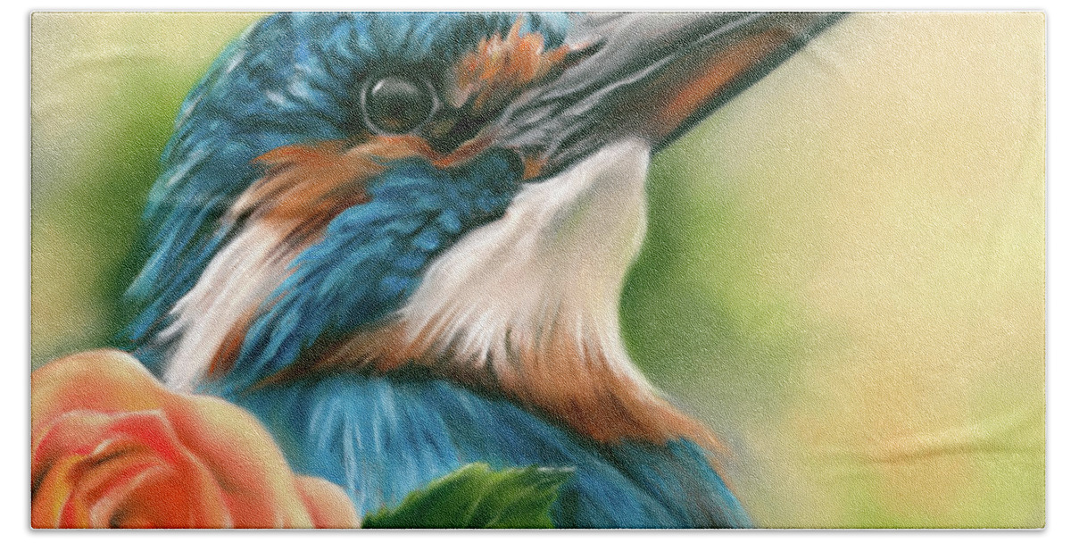 Bird Hand Towel featuring the painting Kingfisher and Orange Rose by MM Anderson