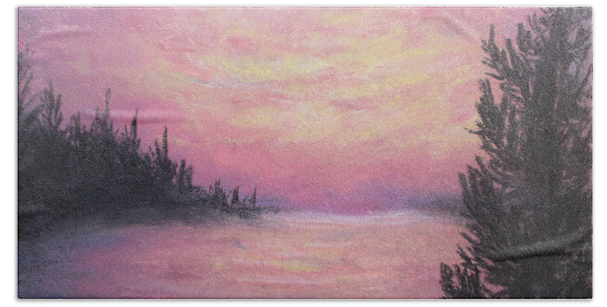 Landscape Painting Bath Towel featuring the painting Kissed Pink by Jen Shearer