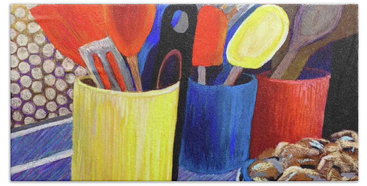 Still Life Bath Towel featuring the painting Kitchen Utensils by Polly Castor
