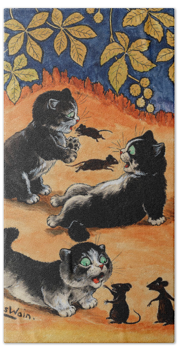 Louis Wain Hand Towel featuring the painting Kittens and Mice's Playtime by Louis Wain